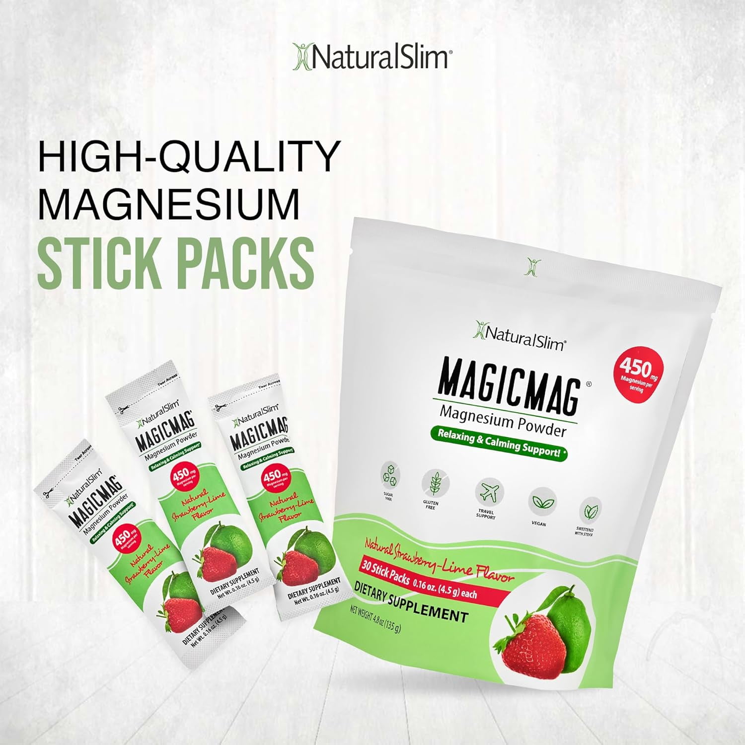 NATURALSLIM MAGICMAG MAGNESIUM CITRATE POWDER STICKS 30 PACKETS FOR STRESS, SLEEP MOOD SUPPORT