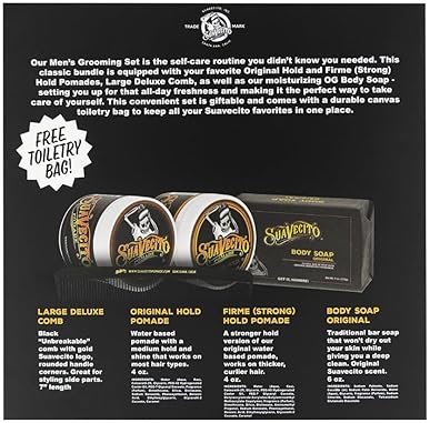 SUAVECITO MENS HAIR GROOMING SET OG FIRME POMADE, BODY SOAP, DELUXE COMB BAG