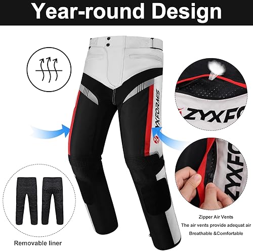 ZYXFORMIS MEN S WATERPROOF WINDPROOF MOTORCYCLE PANTS WITH REMOVABLE ARMOR ALL SEASON GRAY RIDING GEAR