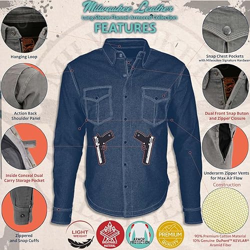 MILWAUKEE LEATHER MENS HOODED FLANNEL MOTORCYCLE SHIRT WITH CE ARMOR ARAMID REINFORCEMENT XL