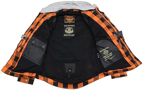 MILWAUKEE LEATHER MENS HOODED FLANNEL MOTORCYCLE SHIRT WITH CE ARMOR ARAMID REINFORCEMENT XL
