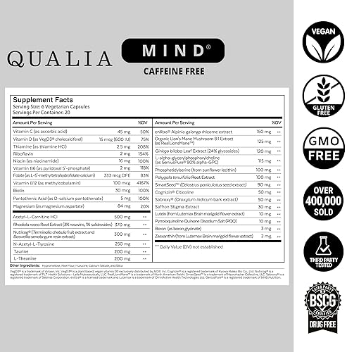 QUALIA  MIND CAFFEINE FREE DOCTOR-FORMULATED NOOTROPIC FOR FOCUS, BRAIN HEALTH PRODUCTIVITY