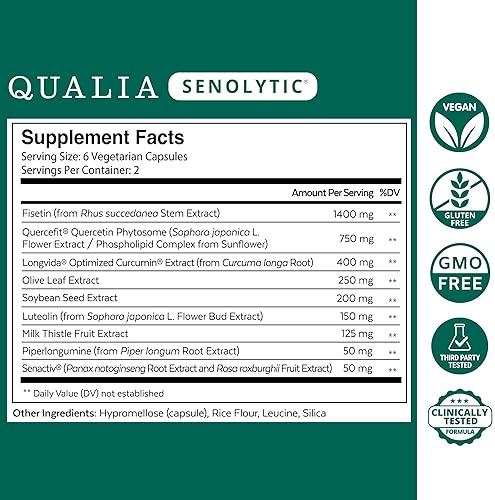 QUALIA SENOLYTIC SUPPLEMENT WITH FISETIN, QUERCETIN PIPERLONGUMIN ANTI-AGING CELL REPAIR, 1 MONTH