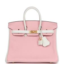 HERMèS SPECIAL ORDER (HSS) BIRKIN 25 ROSE SAKURA AND WHITE CLEMENCE BRUSHED GOLD HARDWARE