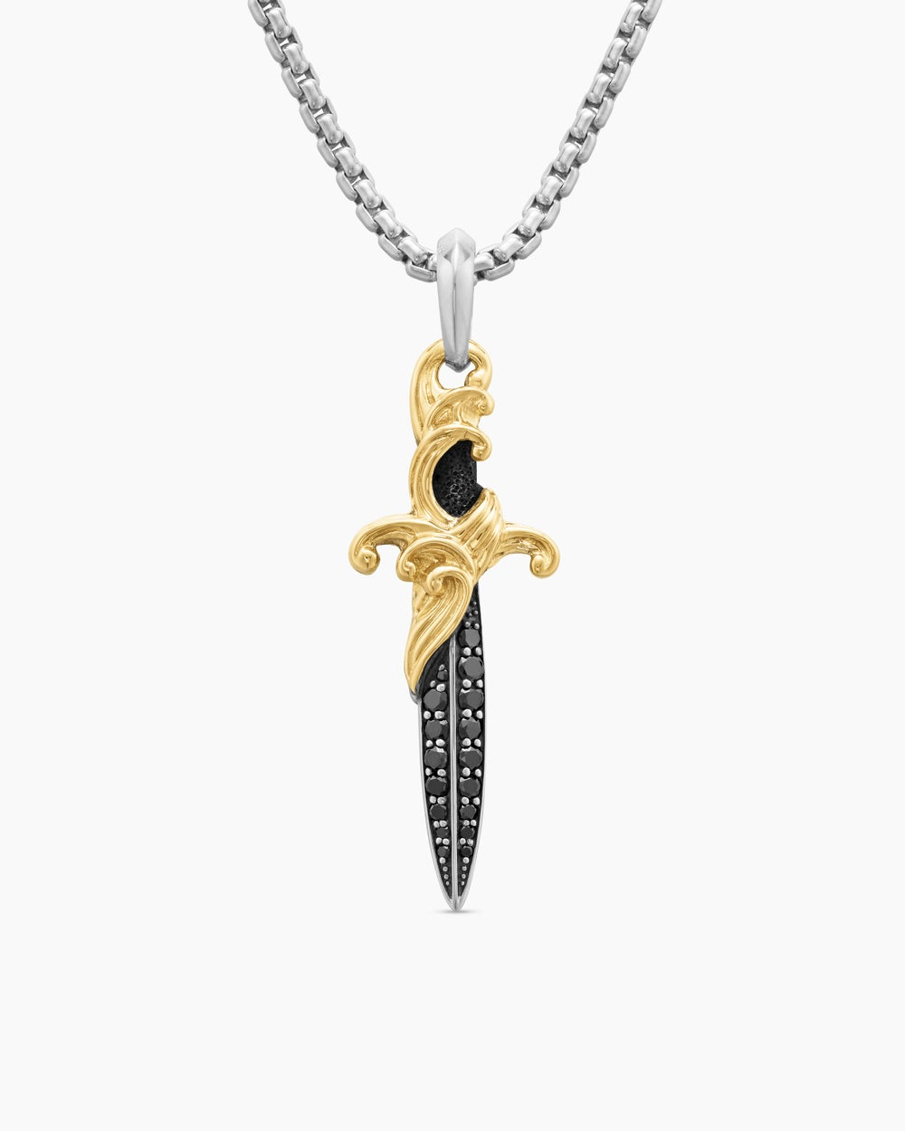 DAVID YURMAN WAVES DAGGER AMULET STERLING SILVER WITH 18K YELLOW GOLD AND BLACK DIAMONDS, 44MM