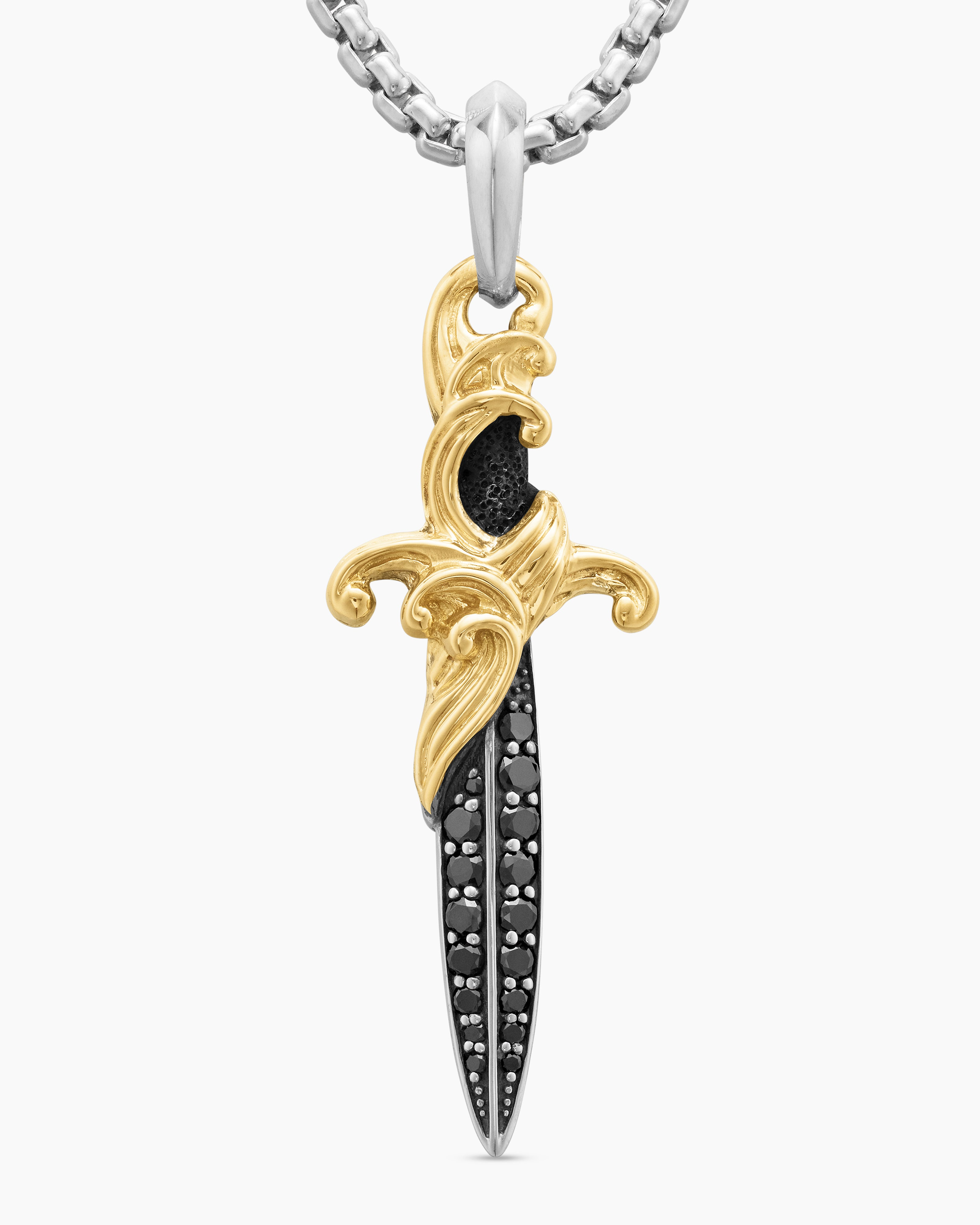 DAVID YURMAN WAVES DAGGER AMULET STERLING SILVER WITH 18K YELLOW GOLD AND BLACK DIAMONDS, 44MM