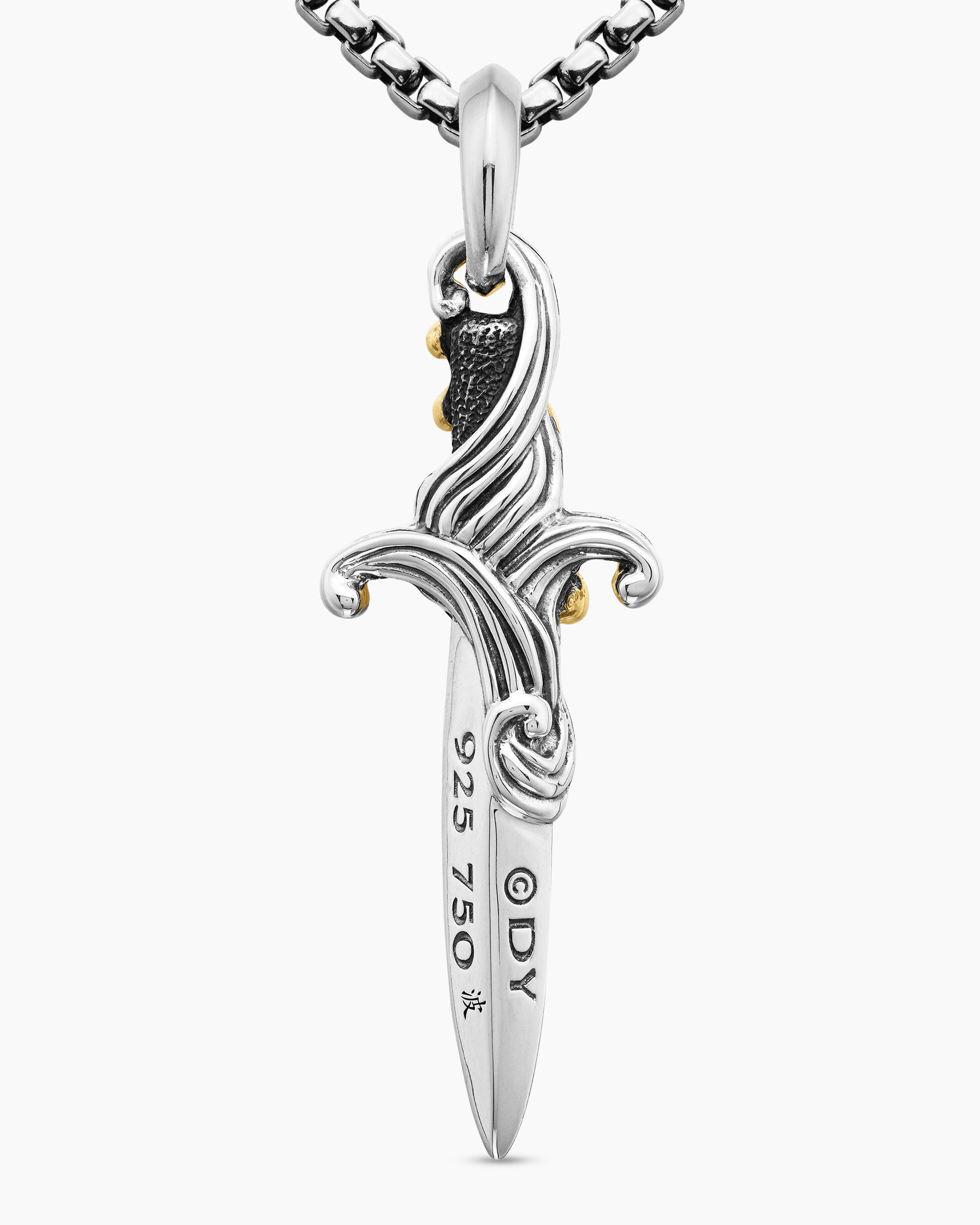 DAVID YURMAN WAVES DAGGER AMULET STERLING SILVER WITH 18K YELLOW GOLD AND BLACK DIAMONDS, 44MM