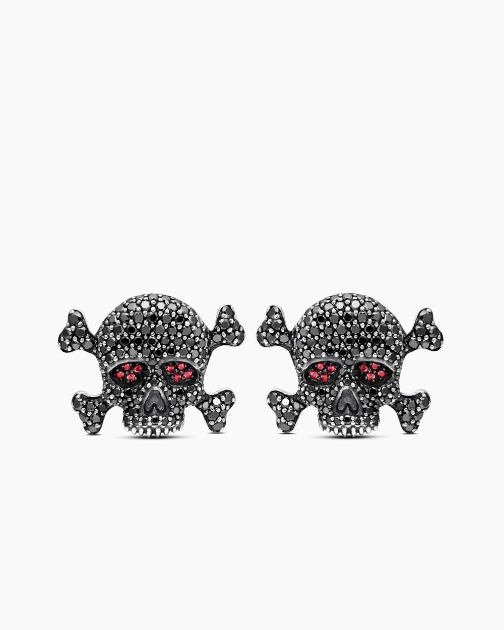 DAVID YURMAN MEMENTO MORI SKULL CUFFLINKS STERLING SILVER WITH BLACK DIAMONDS AND RUBIES, 24MM