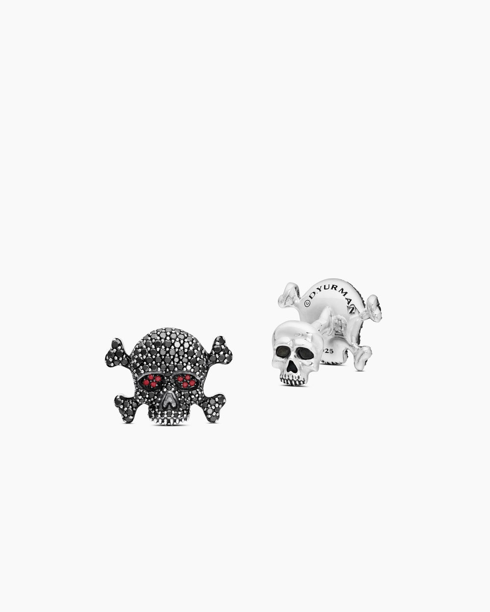 DAVID YURMAN MEMENTO MORI SKULL CUFFLINKS STERLING SILVER WITH BLACK DIAMONDS AND RUBIES, 24MM