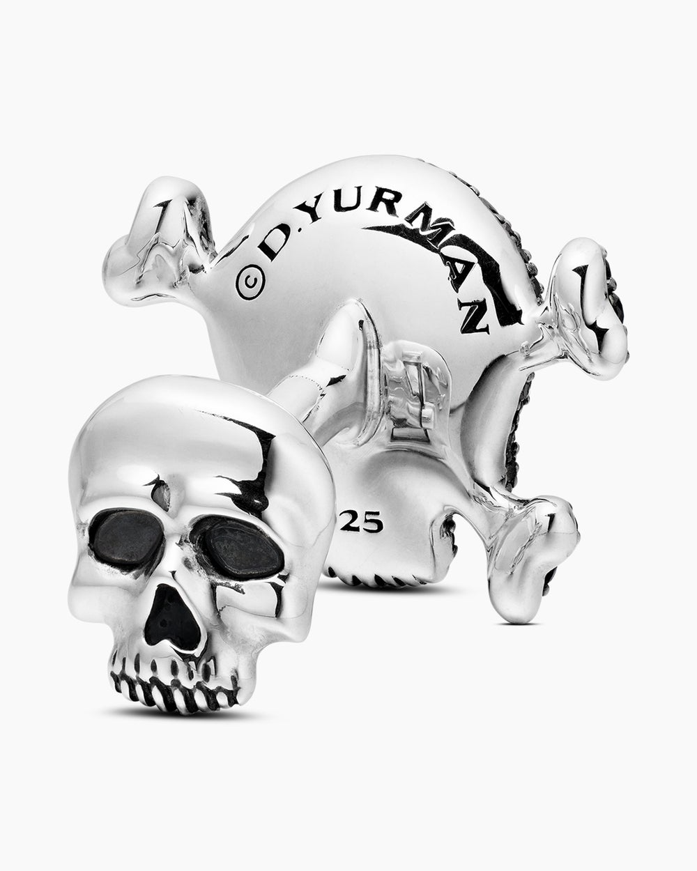 DAVID YURMAN MEMENTO MORI SKULL CUFFLINKS STERLING SILVER WITH BLACK DIAMONDS AND RUBIES, 24MM