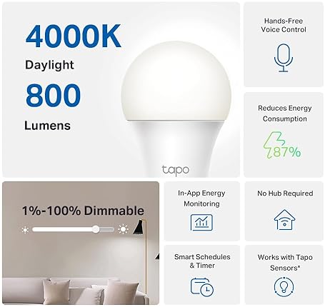TAPO TP-LINK SMART LED BULBS A60 E27, DIMMABLE DAYLIGHT, ALEXA GOOGLE, 4-PACK, NO HUB