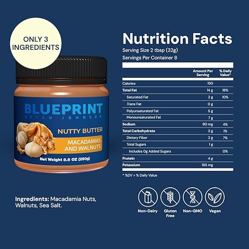BLUEPRINT BRYAN JOHNSON CHUNKY MACADAMIA WALNUT BUTTER 3-INGREDIENT, NO SUGAR, KETO, VEGAN, PALEO 8.