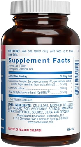 ANABOLIC LABORATORIES GLUCOSAMINE CHONDROITIN MSM SUPPLEMENT BONE, JOINT TENDON SUPPORT NON-GMO, GLUTEN-FREE, 120 SERVINGS