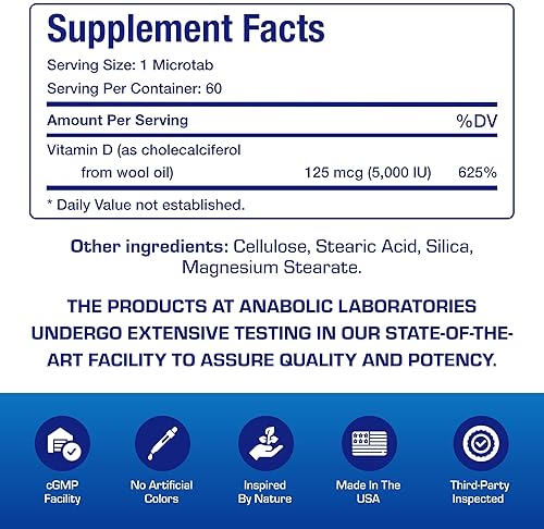 ANABOLIC LABORATORIES VITAMIN D3 5000 IU HIGH STRENGTH - BONE, IMMUNE MOOD SUPPORT, VEGETARIAN MICROTABS 60-DAY