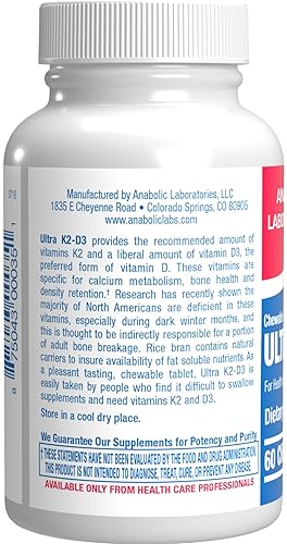 ANABOLIC LABORATORIES CHEWABLE VITAMIN D3 K2 2000IU CINNAMON BONE, TEETH, MOOD IMMUNITY SUPPORT 60 DAYS