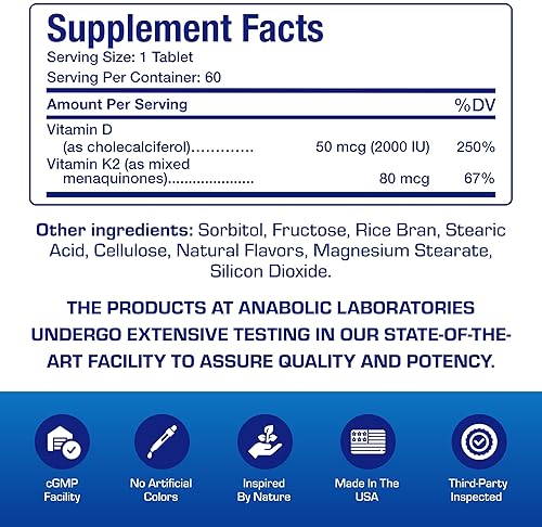 ANABOLIC LABORATORIES CHEWABLE VITAMIN D3 K2 2000IU CINNAMON BONE, TEETH, MOOD IMMUNITY SUPPORT 60 DAYS