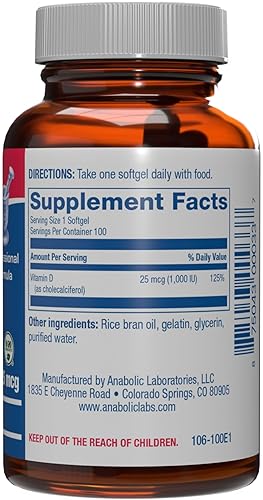 ANABOLIC LABORATORIES VITAMIN D3 1000IU HIGH ABSORPTION SUPPLEMENT FOR BONE, IMMUNE MOOD SUPPORT 100 SERVINGS