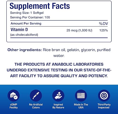 ANABOLIC LABORATORIES VITAMIN D3 1000IU HIGH ABSORPTION - BONE, MUSCLE IMMUNE SUPPORT - 100 EASY SWALLOW TABLETS