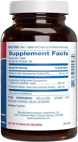 ANABOLIC LABORATORIES ADVANCED GLUCOSAMINE CHONDROITIN SUPPLEMENT FOR JOINT, BONE TENDON SUPPORT 180 DAY SUPPLY