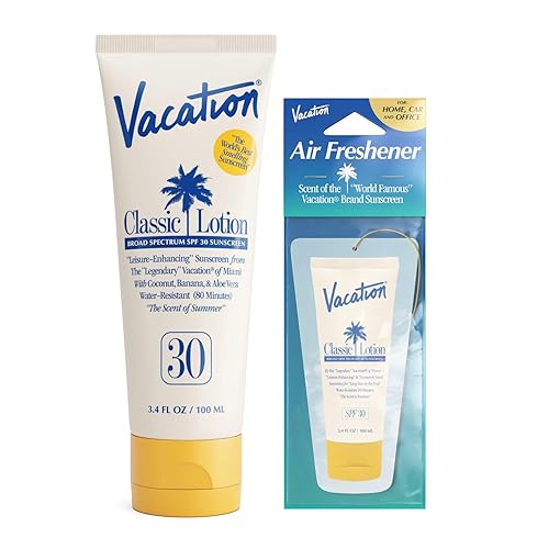 VACATION CLASSIC SPF 30 SUNSCREEN LOTION AIR FRESHENER BUNDLE WATER-RESISTANT, VEGAN, TRAVEL SIZE