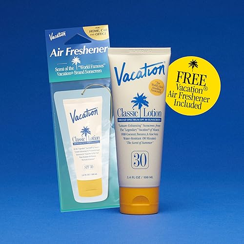 VACATION CLASSIC SPF 30 SUNSCREEN LOTION AIR FRESHENER BUNDLE WATER-RESISTANT, VEGAN, TRAVEL SIZE