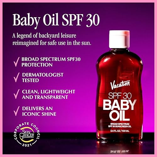 VACATION BABY OIL SPF 30 SUNSCREEN AIR FRESHENER BUNDLE, HYDRATING, MINERAL OIL-FREE, 3.4OZ