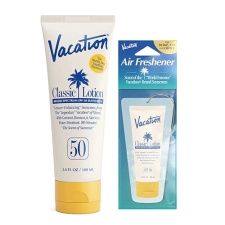 VACATION SPF 50 SUNSCREEN LOTION AIR FRESHENER BUNDLE WATER-RESISTANT, VEGAN, TRAVEL SIZE