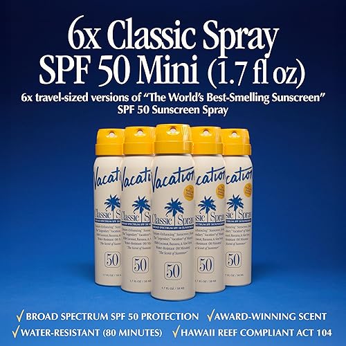 VACATION MINI SUNSCREEN SPRAY SPF 50, WATER-RESISTANT, TRAVEL SIZE 1.7OZ, 6-PACK VALUE SET