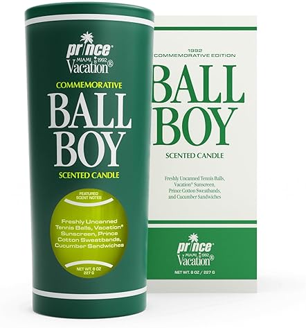 VACATION BALL BOY TENNIS SCENTED SOY CANDLE BY PRINCE X VACATION SUNSCREEN, 65-HOUR BURN, 8 OZ GIFT