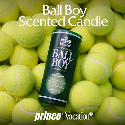 VACATION BALL BOY TENNIS SCENTED SOY CANDLE BY PRINCE X VACATION SUNSCREEN, 65-HOUR BURN, 8 OZ GIFT