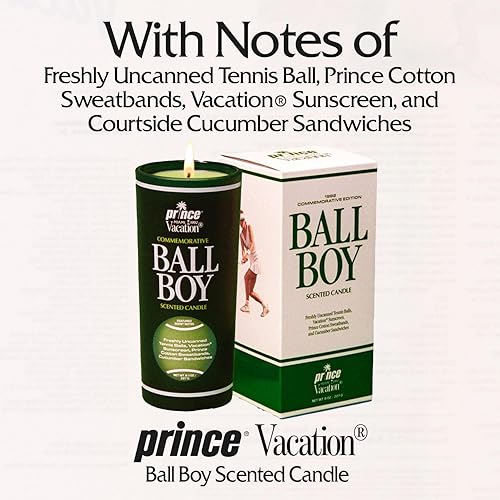 VACATION BALL BOY TENNIS SCENTED SOY CANDLE BY PRINCE X VACATION SUNSCREEN, 65-HOUR BURN, 8 OZ GIFT