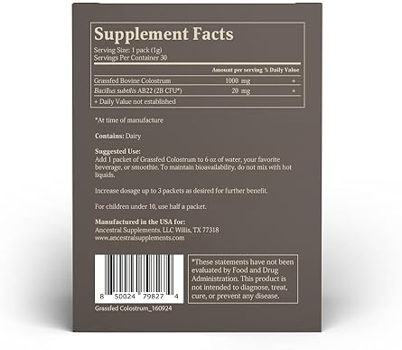 ANCESTRAL SUPPLEMENTS BEEF COLOSTRUM POWDER PACKETS IMMUNE, GUT, SKIN HAIR SUPPORT, 30 STICKS