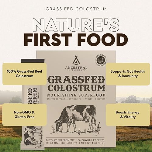ANCESTRAL SUPPLEMENTS BEEF COLOSTRUM POWDER PACKETS IMMUNE, GUT, SKIN HAIR SUPPORT, 30 STICKS