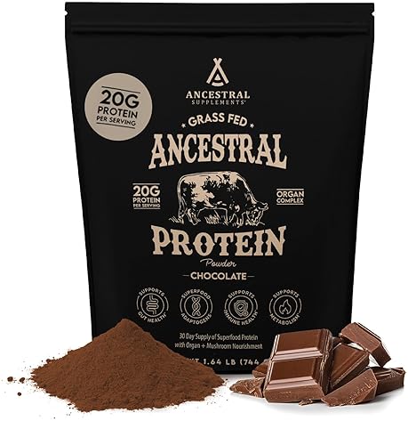 ANCESTRAL SUPPLEMENTS GRASS-FED CHOCOLATE PROTEIN POWDER WITH BEEF ORGANS MUSHROOMS, 30-DAY