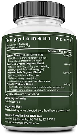 ANCESTRAL SUPPLEMENTS ORGANIC GREENS REDS CAPSULES WITH SPIRULINA, BEEF ORGANS PROBIOTICS