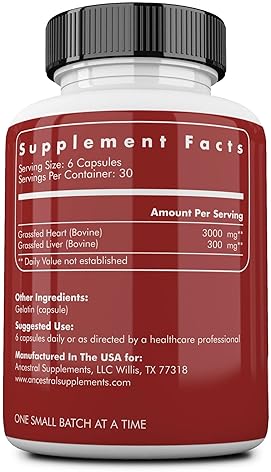 ANCESTRAL SUPPLEMENTS GRASS-FED BEEF HEART 3300MG WITH COQ10, NON-GMO, 180 CAPSULES