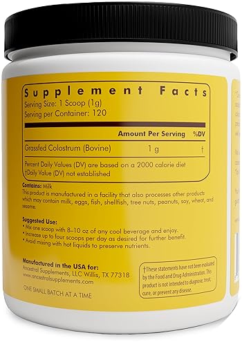 ANCESTRAL SUPPLEMENTS BOVINE COLOSTRUM POWDER GRASS-FED, FREEZE-DRIED, IMMUNE GUT SUPPORT, 120 SERVI
