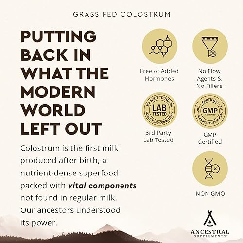 ANCESTRAL SUPPLEMENTS BOVINE COLOSTRUM POWDER GRASS-FED, FREEZE-DRIED, IMMUNE GUT SUPPORT, 120 SERVI