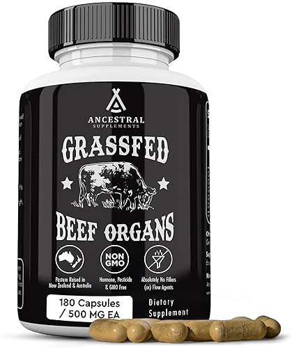 ANCESTRAL SUPPLEMENTS GRASS-FED BEEF ORGAN CAPSULES LIVER, HEART, KIDNEY BLEND, NON-GMO, 180CT