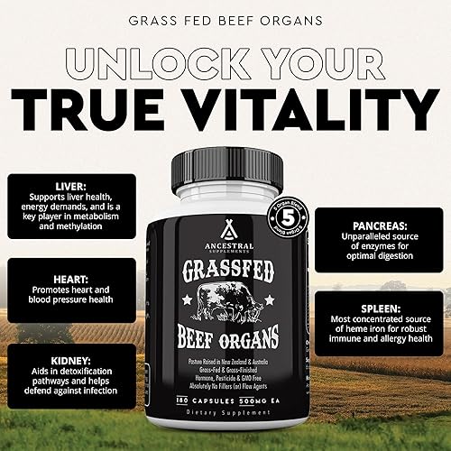 ANCESTRAL SUPPLEMENTS GRASS-FED BEEF ORGAN CAPSULES LIVER, HEART, KIDNEY BLEND, NON-GMO, 180CT