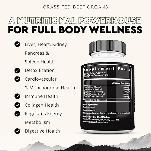 ANCESTRAL SUPPLEMENTS GRASS-FED BEEF ORGAN CAPSULES LIVER, HEART, KIDNEY BLEND, NON-GMO, 180CT