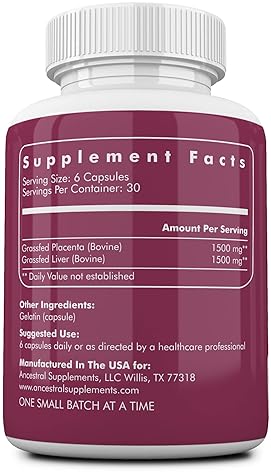 ANCESTRAL SUPPLEMENTS GRASS-FED PLACENTA LIVER CAPSULES POSTPARTUM, MENOPAUSE, SKIN SUPPORT