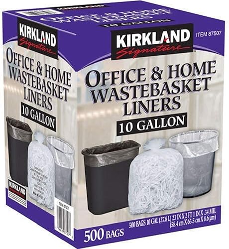 KIRKLAND SIGNATURE 10 GALLON CLEAR TRASH BAGS, 23X25, 0.34 MIL, 500 BAGS BULK PACK