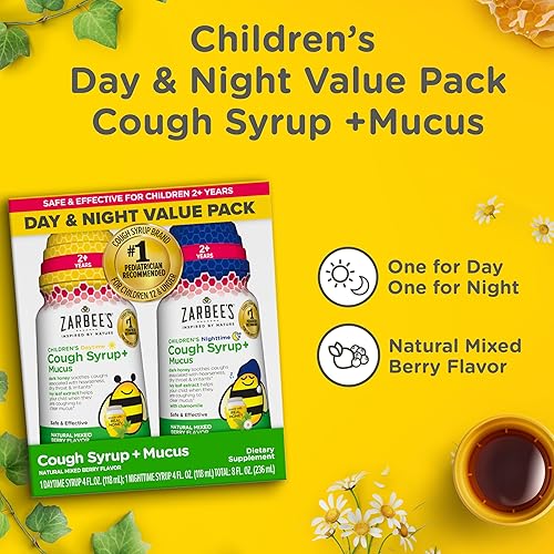 ZARBEES KIDS HONEY COUGH SYRUP DAY NIGHT PACK, IVY LEAF, CHAMOMILE, MIXED BERRY, 2X4OZ