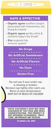ZARBEES BABY COUGH SYRUP WITH ORGANIC AGAVE ZINC, NATURAL GRAPE FLAVOR, 2 FL OZ, 6 MONTHS