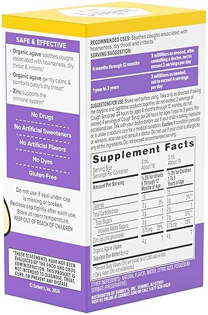 ZARBEES BABY COUGH SYRUP IMMUNE SUPPORT WITH ORGANIC AGAVE ZINC, GRAPE FLAVOR, 2 OZ