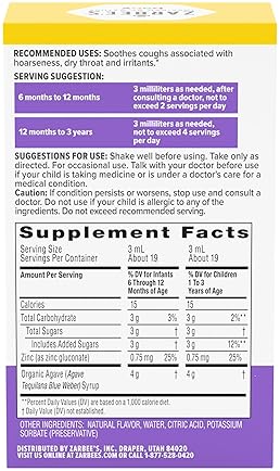 ZARBEES BABY COUGH SYRUP IMMUNE SUPPORT WITH ORGANIC AGAVE ZINC, GRAPE FLAVOR, 2 OZ