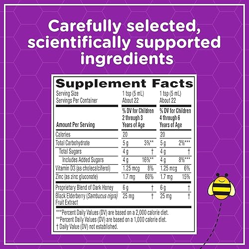 ZARBEES KIDS DAYTIME COUGH SYRUP WITH HONEY, ELDERBERRY, VITAMIN D ZINC, 4 OZ