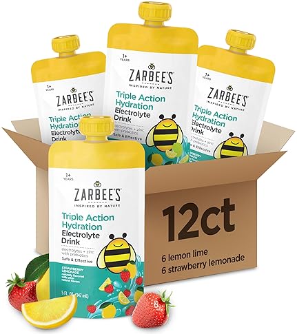 ZARBEES KIDS ELECTROLYTE DRINK, LOW SUGAR WITH PREBIOTICS ZINC, STRAWBERRY LEMONADE LEMON LIME, 12X5