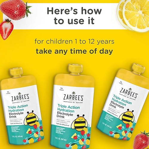 ZARBEES KIDS ELECTROLYTE DRINK, LOW SUGAR WITH PREBIOTICS ZINC, STRAWBERRY LEMONADE LEMON LIME, 12X5